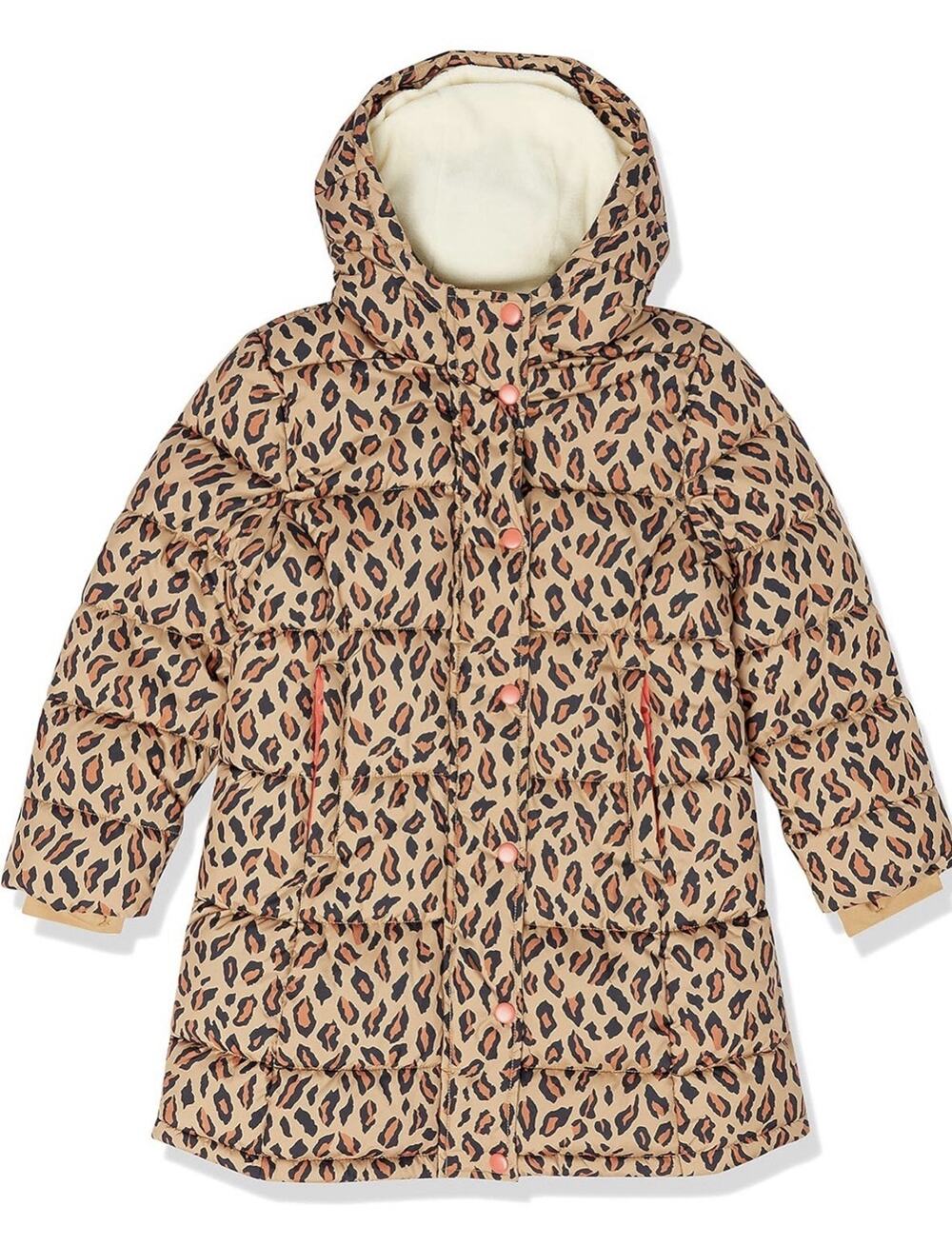 Amazon Essentials Girls' Long Heavyweight Hooded Puffer Jacket, Cheetah Medium